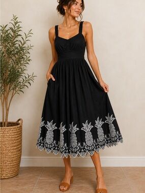 Embroidered Pineapple Midi Dress black Cotton Smocked Back Medium London Times